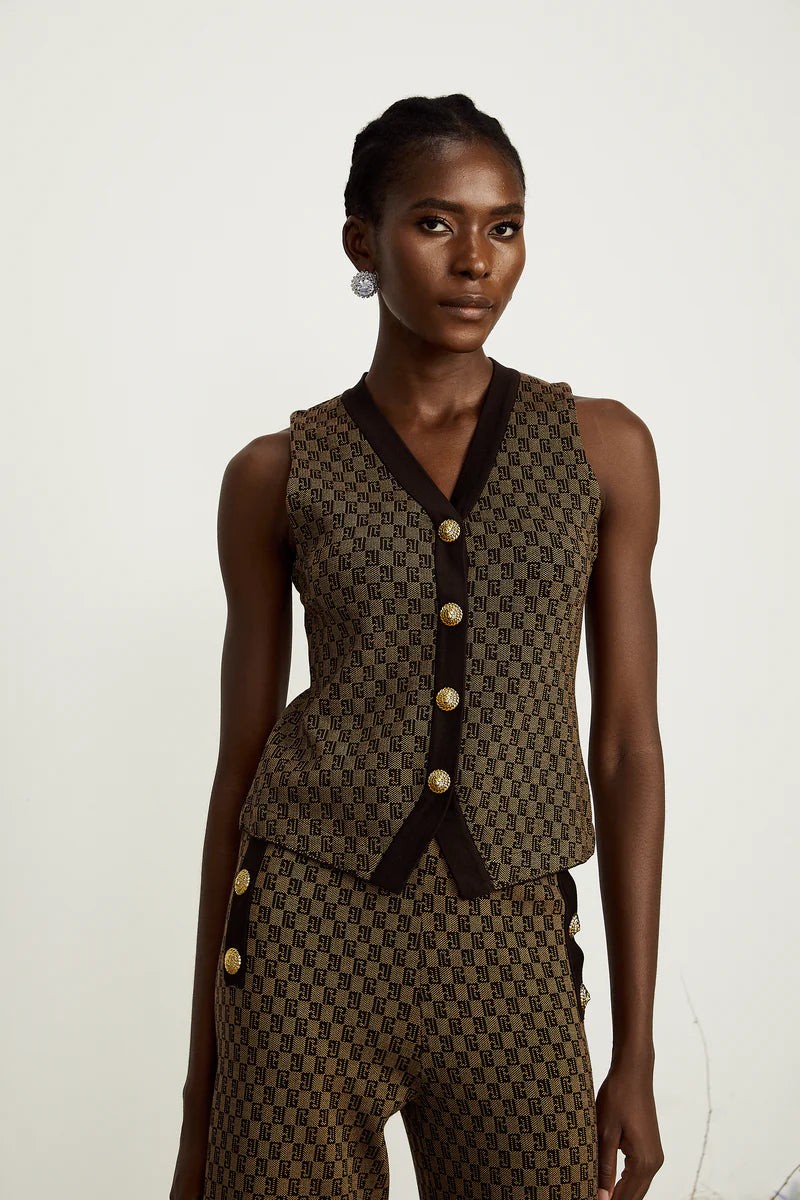 Conjunto Colete em Jacquard com Botões de Metal e Calça Pantalona