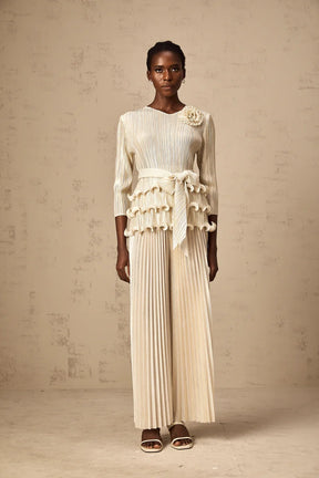 Conjunto Plissado com Acabamento Metalizado e Calça Wide Leg