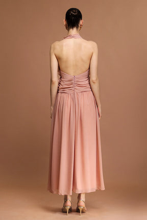Vestido Longo Rosa com Decote V, Costas Abertas e Acabamento Floral