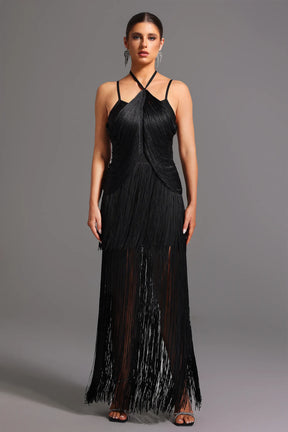 Vestido Longo com Alças Finas e Franjas – Elegante e Sofisticado