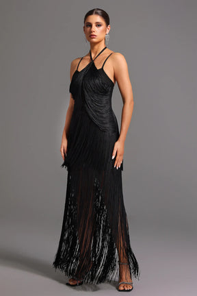 Vestido Longo com Alças Finas e Franjas – Elegante e Sofisticado