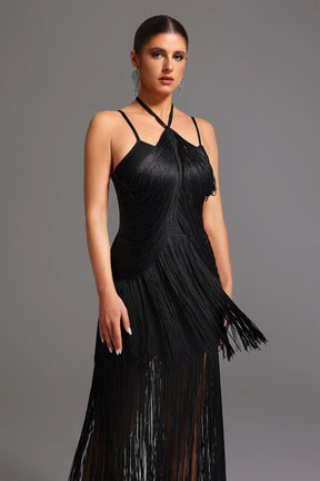 Vestido Longo com Alças Finas e Franjas – Elegante e Sofisticado