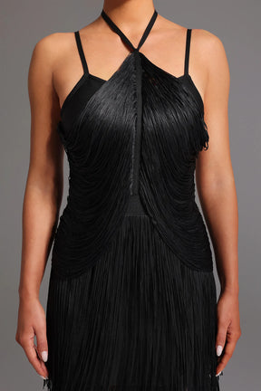 Vestido Longo com Alças Finas e Franjas – Elegante e Sofisticado