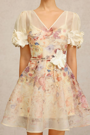 Vestido A-Line Lavanda com Estampa Floral Wisteria e Cintura Marcada