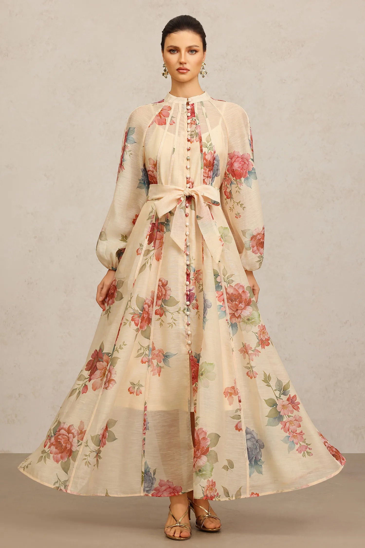 Vestido Longo de Manga Longa com Estampa Floral