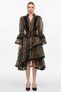 Vestido Midi com Estampa Animal Print, Decote V, Manga Ampla e Cintura Alta Assimétrica