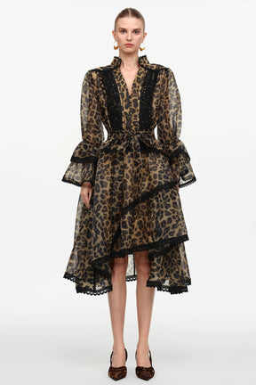 Vestido Midi com Estampa Animal Print, Decote V, Manga Ampla e Cintura Alta Assimétrica
