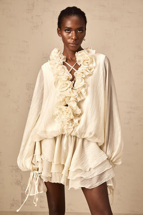 Vestido Flores em 3D, Decote em V e Detalhes em Babados