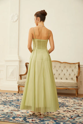 Vestido Longo com Corpete Detalhes em Tule e Franzido