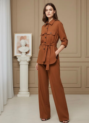 Conjunto Casual Feminino com Cinto, Camisa de Linho e Calça