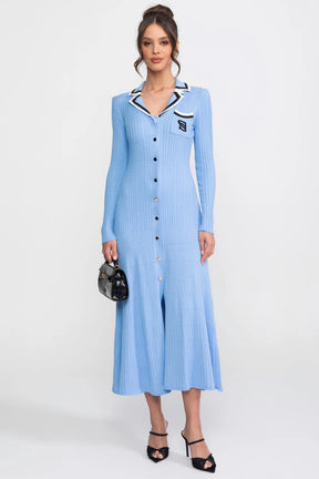 Vestido Longo em Tricô Canelado com Gola Polo e Mangas Alinhadas