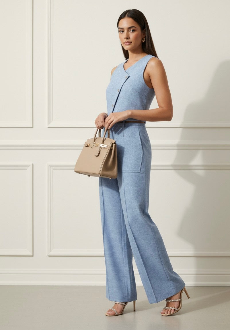 Conjunto – Colete Sem Mangas com Botões + Calça Reta com Cinto, Look Casual Chic 2 Peças