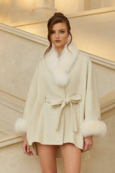 Casaco de Lã e Caxemira com Gola de Pele de Raposa