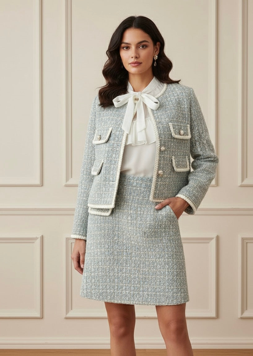 ConjuntoTweed Xadrez – Blazer Manga Longa + Saia A-Line Assimétrica