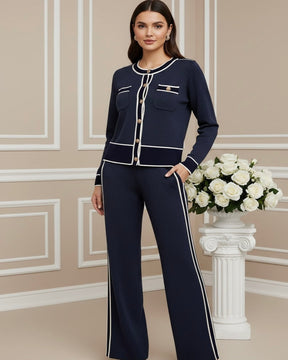 Conjunto Feminino Outono/Inverno Listrado – Cardigan de Tricô + Calça Pantalona