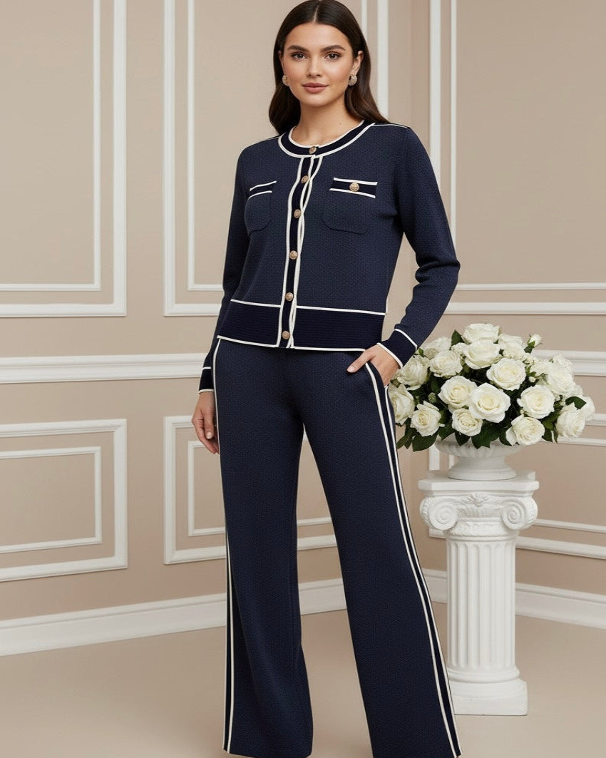 Conjunto Feminino Outono/Inverno Listrado – Cardigan de Tricô + Calça Pantalona