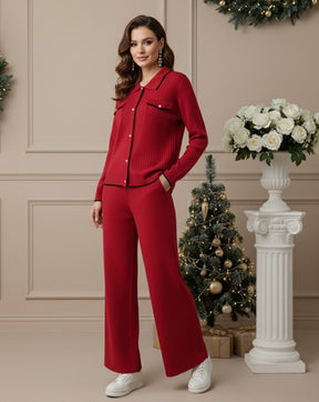 Conjunto Feminino - Estilo Francês em Tricô com Gola Polo e Calça Longa