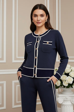 Conjunto Feminino Outono/Inverno Listrado – Cardigan de Tricô + Calça Pantalona