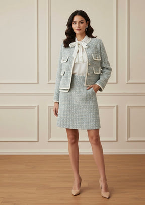 ConjuntoTweed Xadrez – Blazer Manga Longa + Saia A-Line Assimétrica