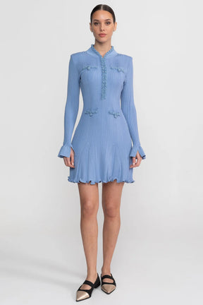 Vestido Curto Manga Longa com Acabamento de Pedraria e Punhos em Sino