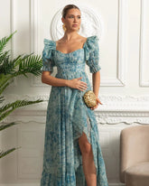 Vestido Runway – Floral Elegante com Mangas Bufantes, Babados em Camadas e Estilo Princesa para Festa