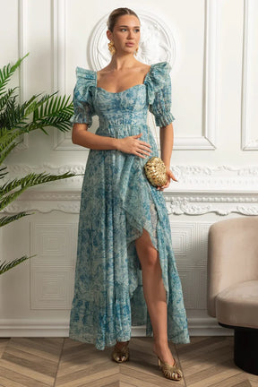 Vestido Runway – Floral Elegante com Mangas Bufantes, Babados em Camadas e Estilo Princesa para Festa