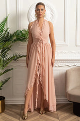 Vestido Longo – Elegante com Gola Halter, Decote com Babados, Cintura Franzida e Detalhe Floral