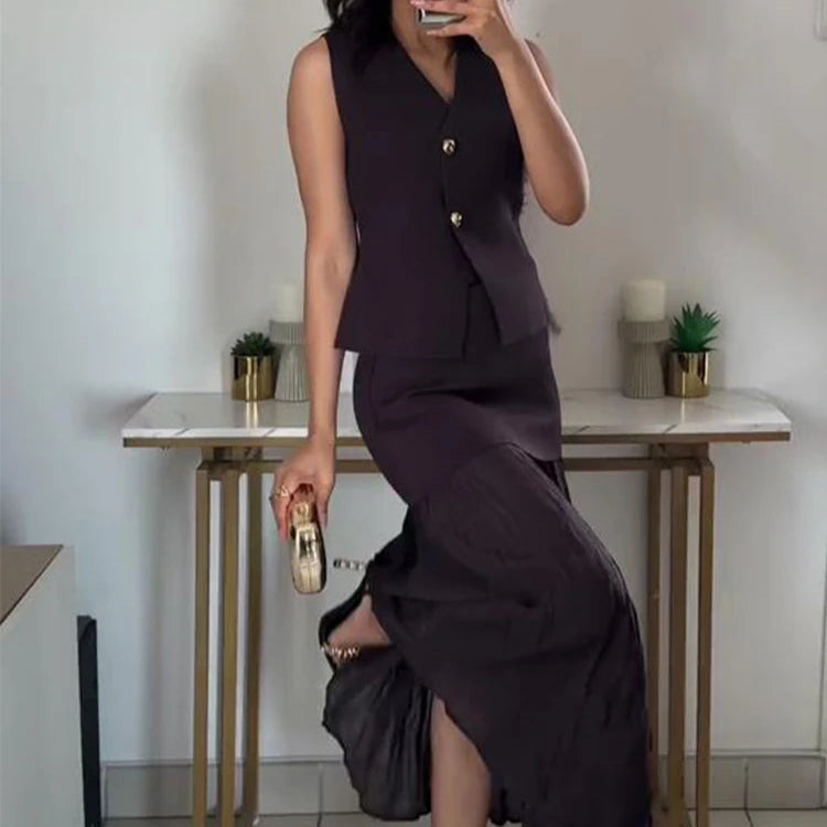 Conjunto – Toque Retrô Elegante, Blusa Tricotada Sem Mangas + Saia Longa Moderna