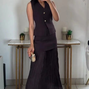 Conjunto – Toque Retrô Elegante, Blusa Tricotada Sem Mangas + Saia Longa Moderna