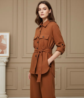 Conjunto Casual Feminino com Cinto, Camisa de Linho e Calça