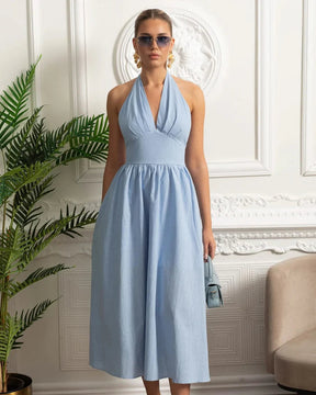 Vestido Longo em Algodão – Decote V, Alças Finas e Cintura Marcada – Estilo Oversized