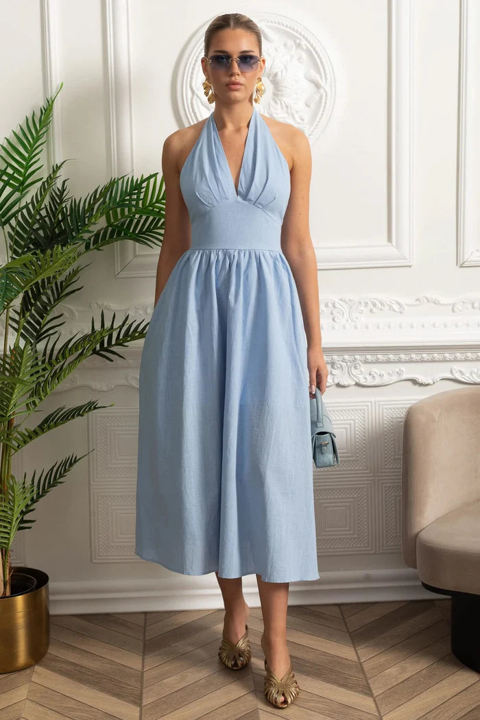 Vestido Longo em Algodão – Decote V, Alças Finas e Cintura Marcada – Estilo Oversized