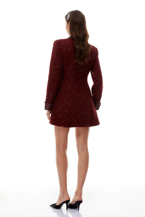 Casaco Vestido Mid-Length em Tweed Bordô com Botões Ornamentais