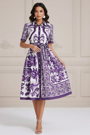 Vestido– Estampa Vintage,, Cintura com Laço, estampa DG