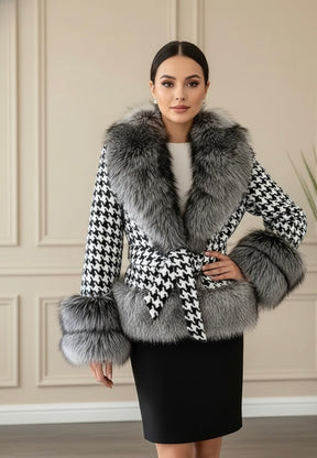 Casaco com Manga e gola de Pelo Pied-de-Poule