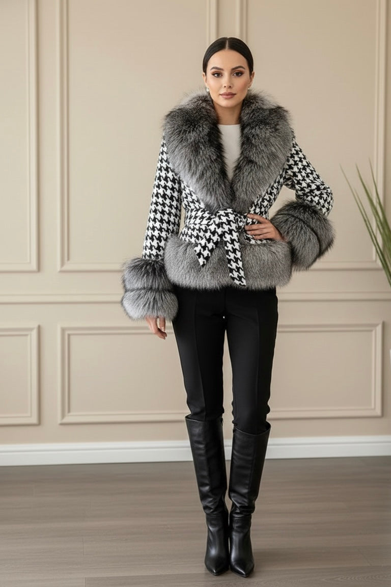 Casaco com Manga e gola de Pelo Pied-de-Poule