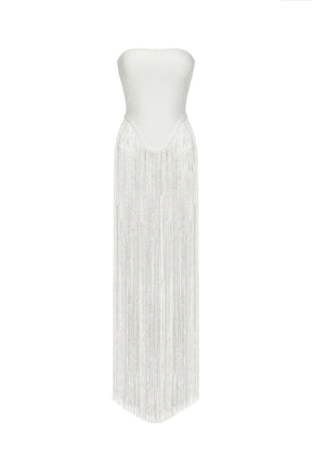 Vestido Tomara que Caia Slim com Franjas e Recortes Moderno