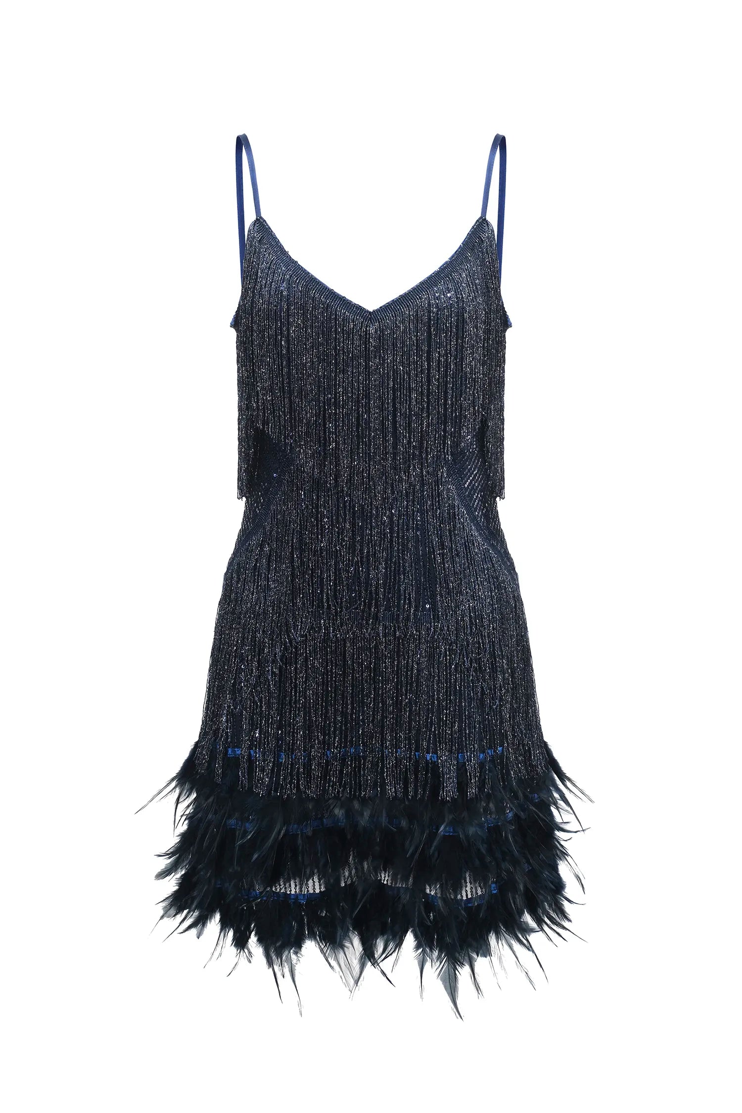 Vestido Paetês Bordados à Mão e Franjas e Plumas de Alto Glamour