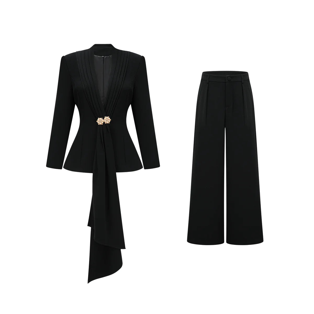 Conjunto de Inverno Linha Nobre: Casaco com Gola Plissada e Calça de Corte Reto