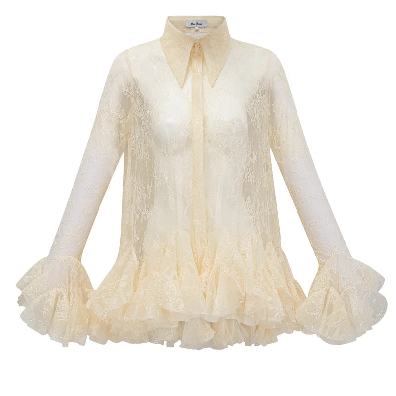 Blusa em Renda Neutra com Cintura Marcada e Detalhe Peplum