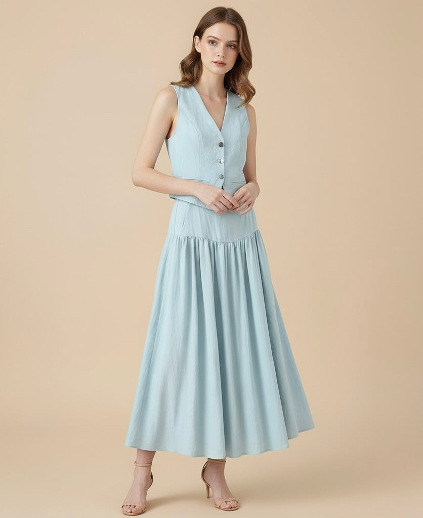 Conjunto – Colete Sem Mangas + Saia plissada com Bolsos