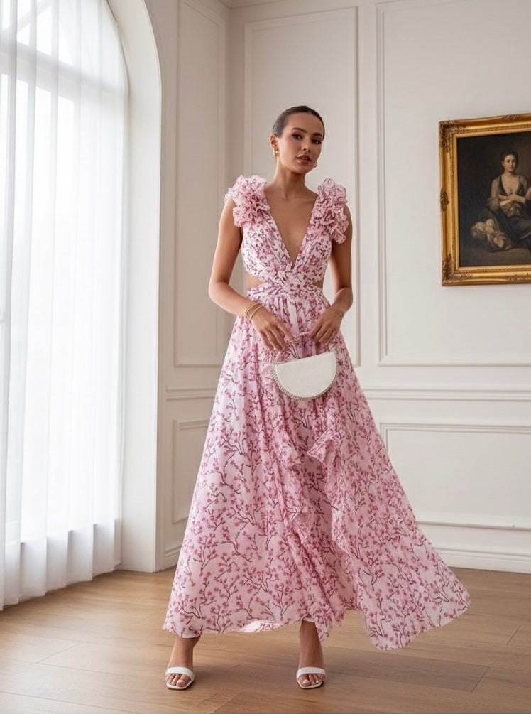 Vestido Longo Feminino Estampado com Babados