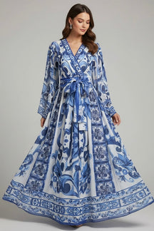 Vestido Longo Floral Estilo Porcelana – Elegância Atemporal