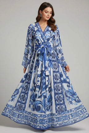 Vestido Longo Floral Estilo Porcelana – Elegância Atemporal