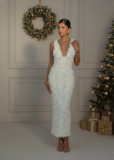 Vestido Longo Elegante com Decote V e Flores 3D – Modelo Slim, Sem Mangas, Midi/Maxi