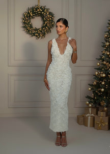 Vestido Longo Elegante com Decote V e Flores 3D – Modelo Slim, Sem Mangas, Midi/Maxi