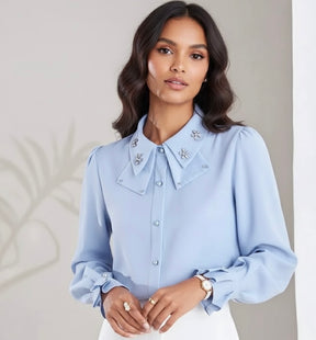 Camisa Elegante com Gola e Bordados Delicados