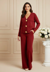 Conjunto Feminino Elegante em Tricô – Cardigan de Botões e Calça de Cintura Alta com Perna Larga