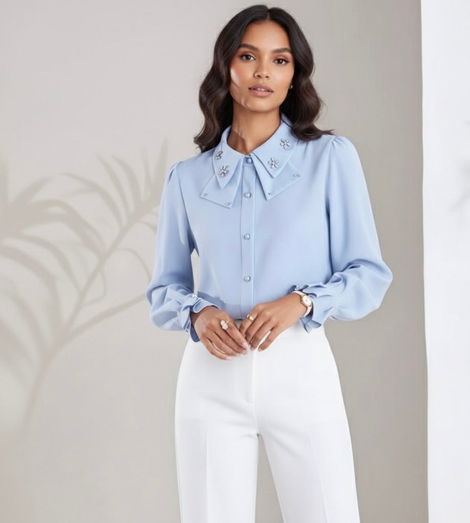Camisa Elegante com Gola e Bordados Delicados