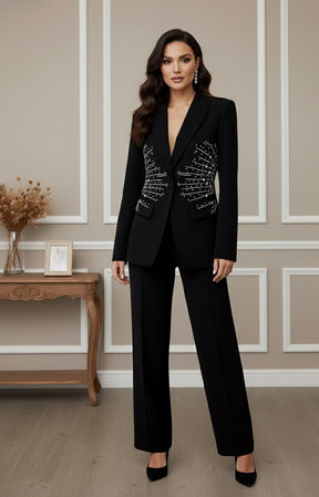 Conjunto  Detalhes em Pedrarias - Blazer de Botão Único e Calça Reta – Elegância